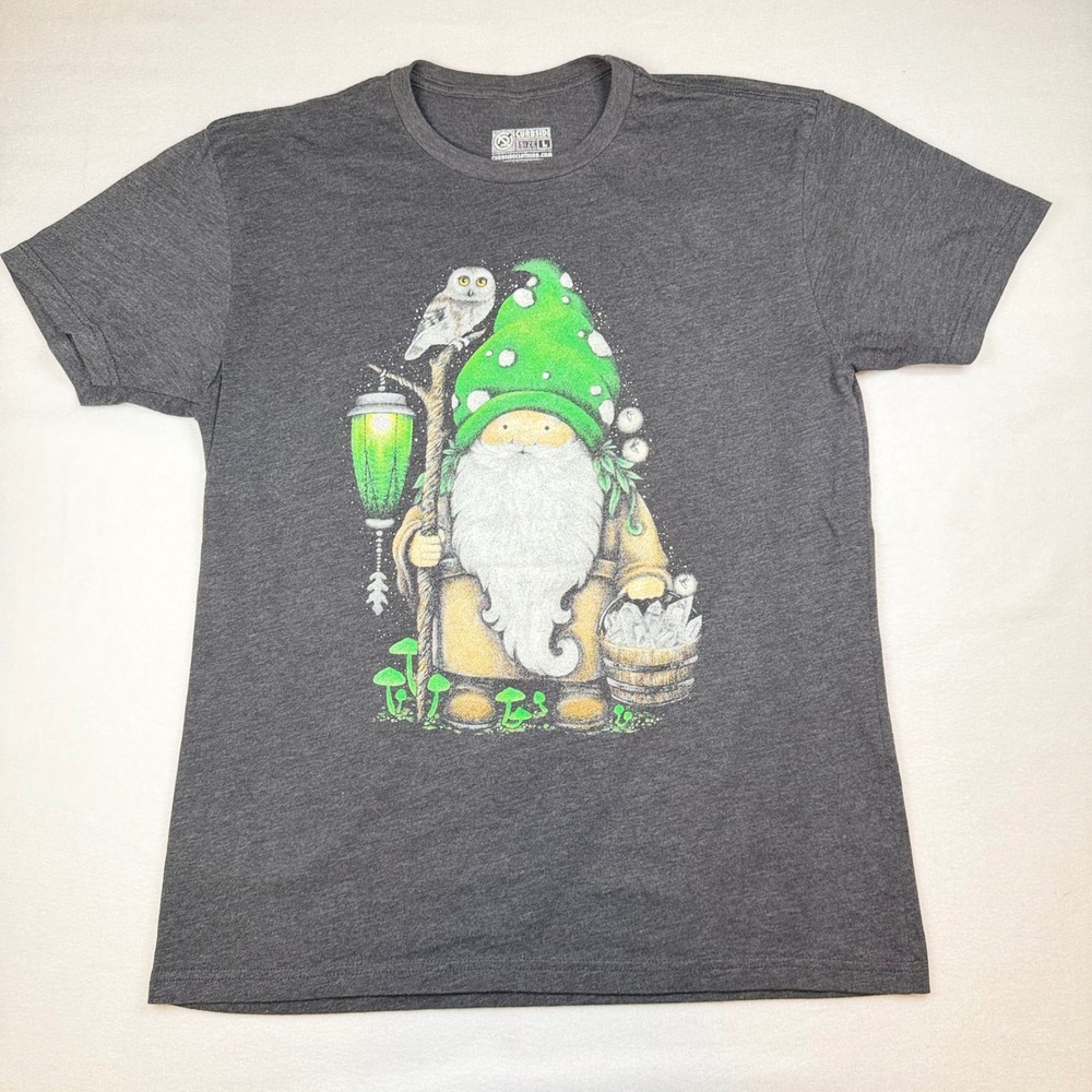 Curbside Clothing Gnome Owl Graphic T-Shirt Charcoal Grey Heather Mens Large